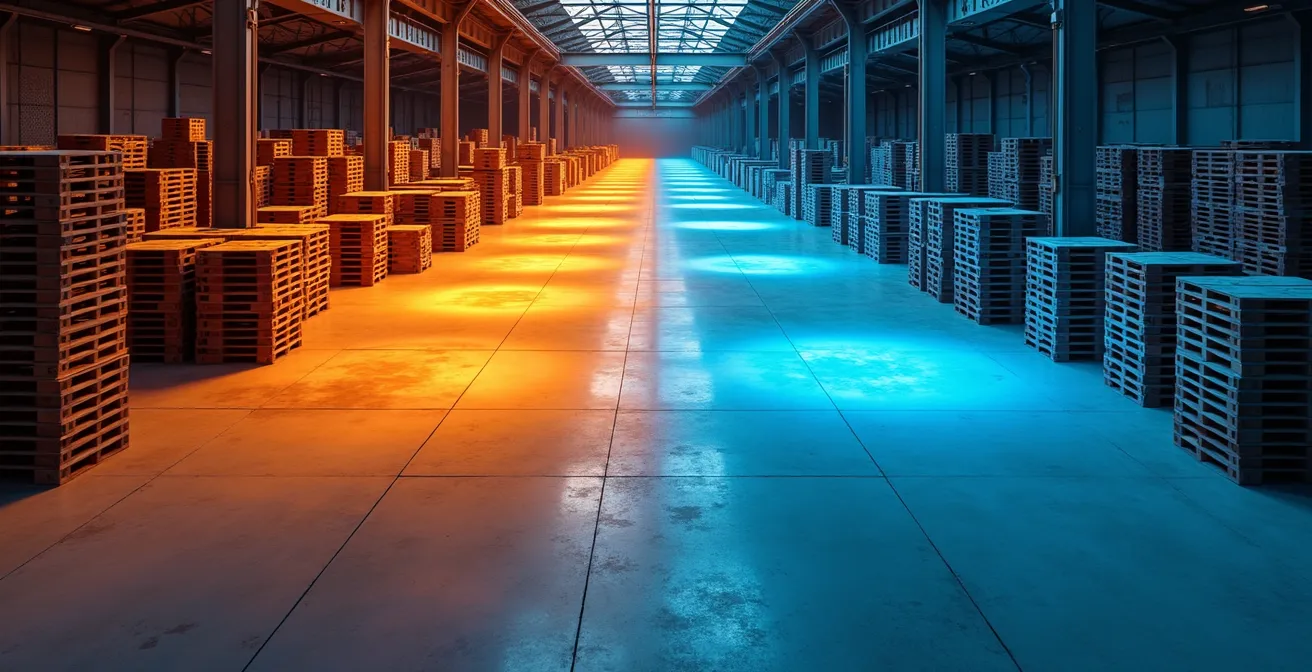 Vue aérienne d'un entrepôt montrant le positionnement optimal des tubes radiants avec zones thermiques