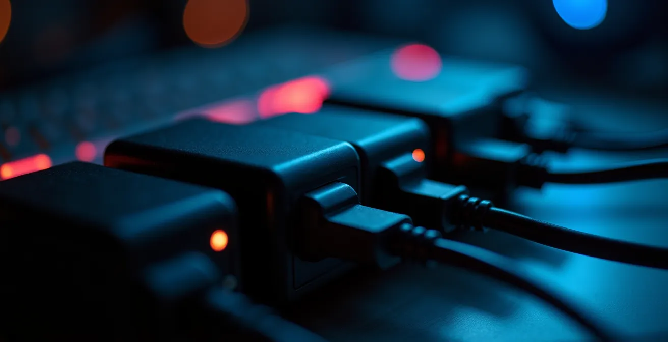 Gros plan macro sur des appareils électroniques en veille avec voyants LED allumés dans l'obscurité, montrant la consommation cachée