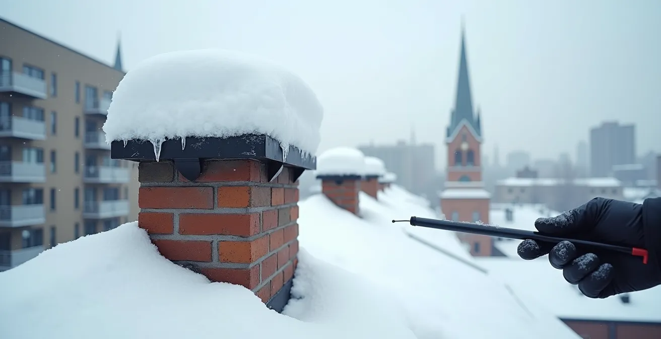 Évent de cheminée obstrué par la neige en hiver montréalais avec technicien effectuant une mesure de tirage
