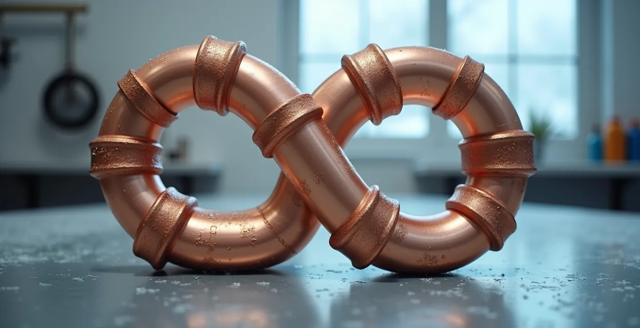 Système fermé de réfrigérant dans un climatiseur illustré par une métaphore visuelle d'un circuit en cuivre infini.