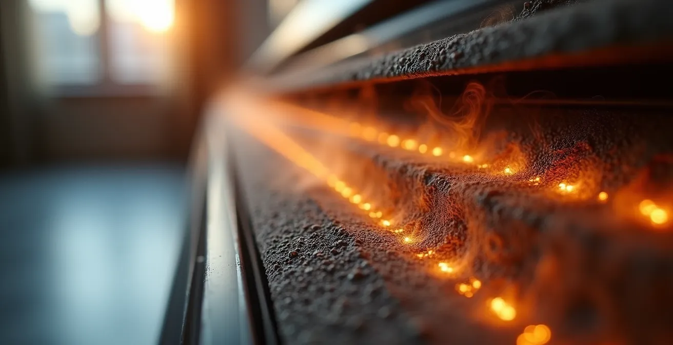 Schéma de circulation d'air chaud dans un long corridor de duplex montréalais