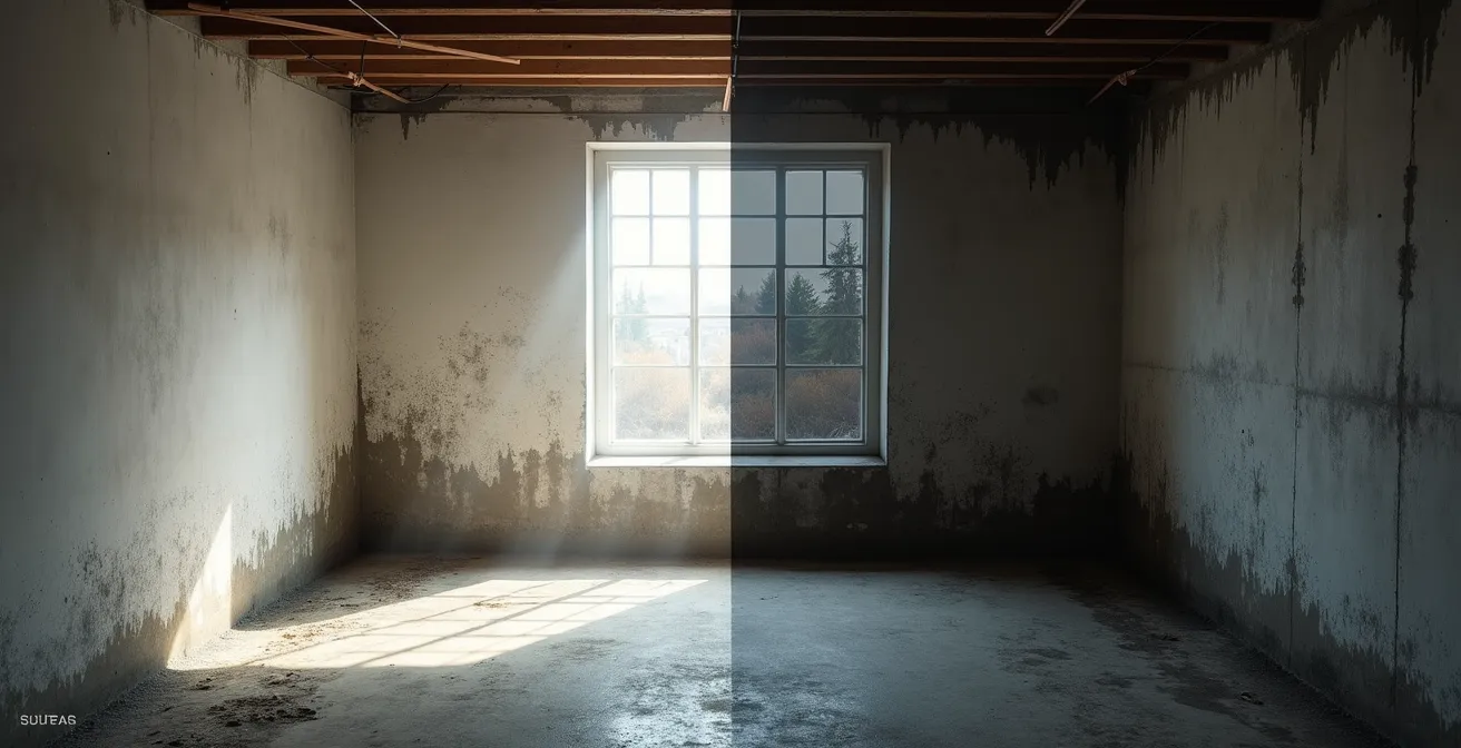 Comparaison visuelle entre un sous-sol sain avec déshumidificateur et un sous-sol humide avec moisissures