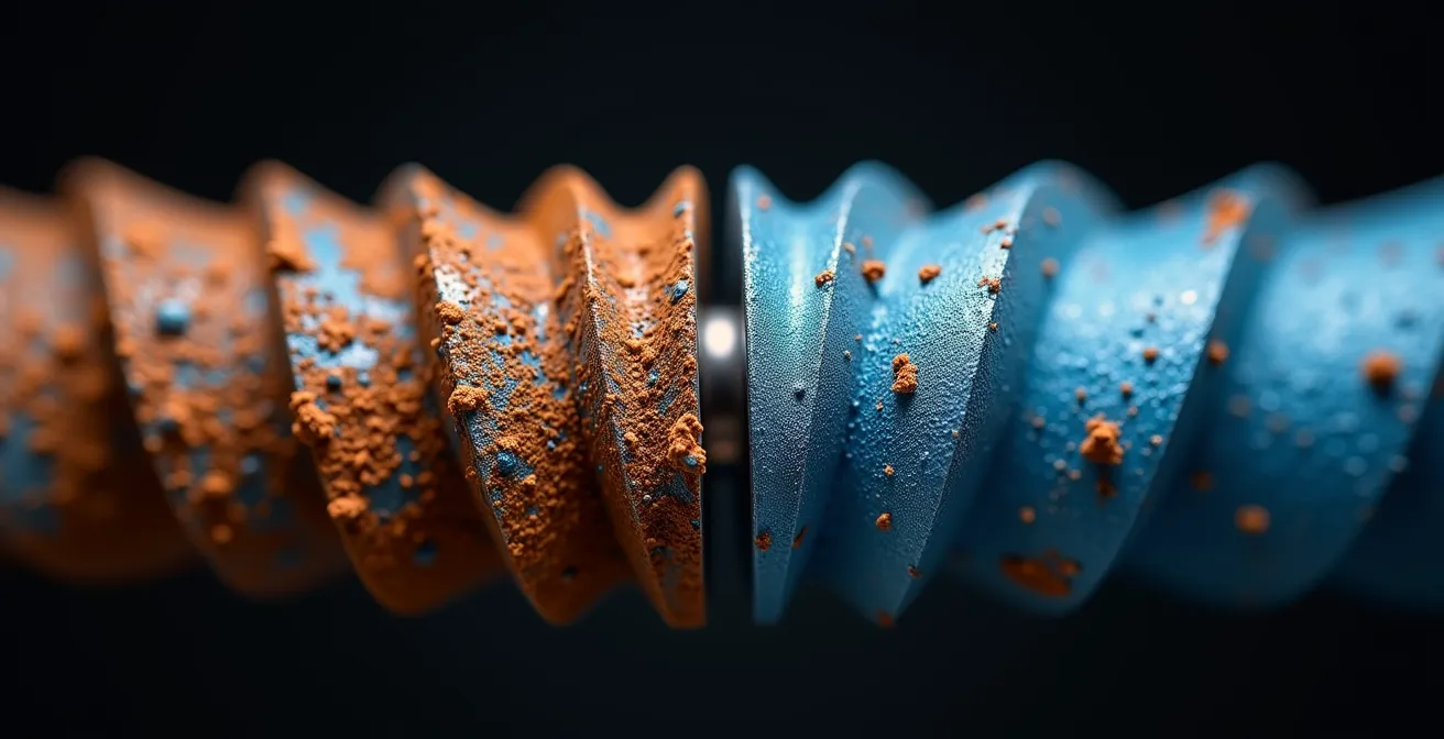 Vue rapprochée comparative d'un serpentin de thermopompe corrodé versus un serpentin neuf avec revêtement protecteur