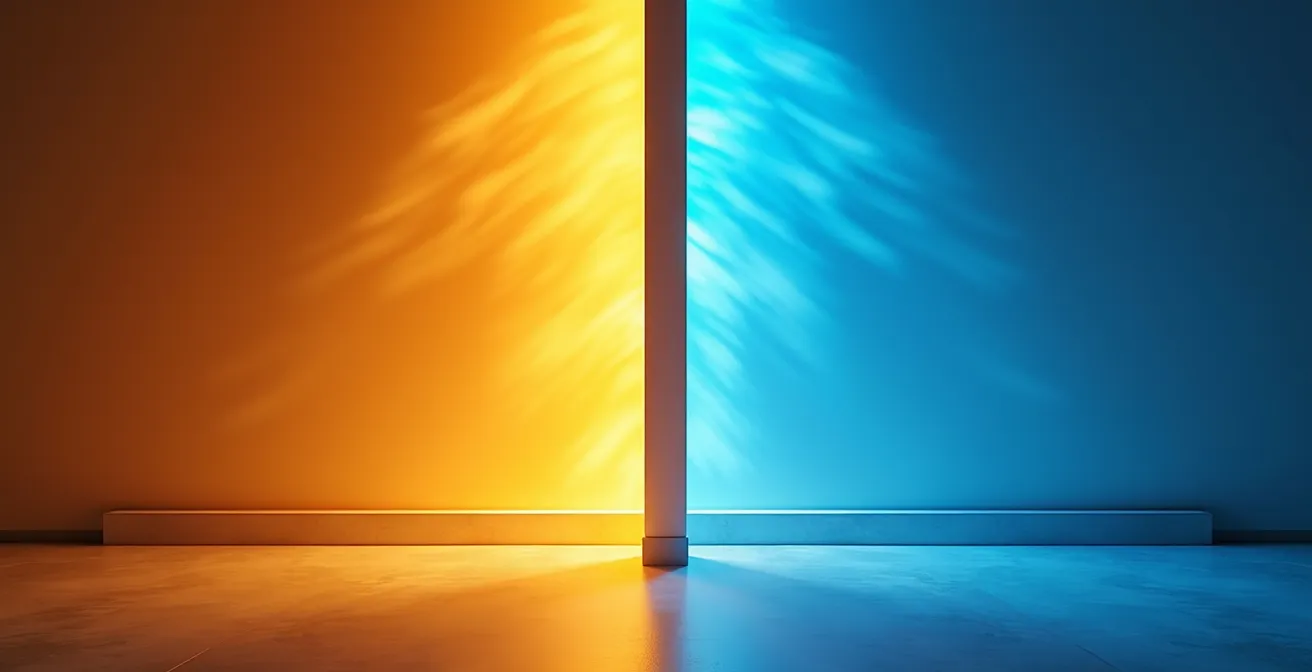 Comparaison visuelle du confort thermique entre plancher radiant et air pulsé, montrant une chaleur homogène venant du sol à gauche et des courants d'air inégaux à droite.