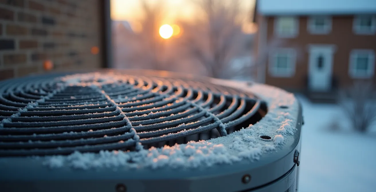 Vue rapprochée d'un compresseur de climatiseur avec formation de givre printanier