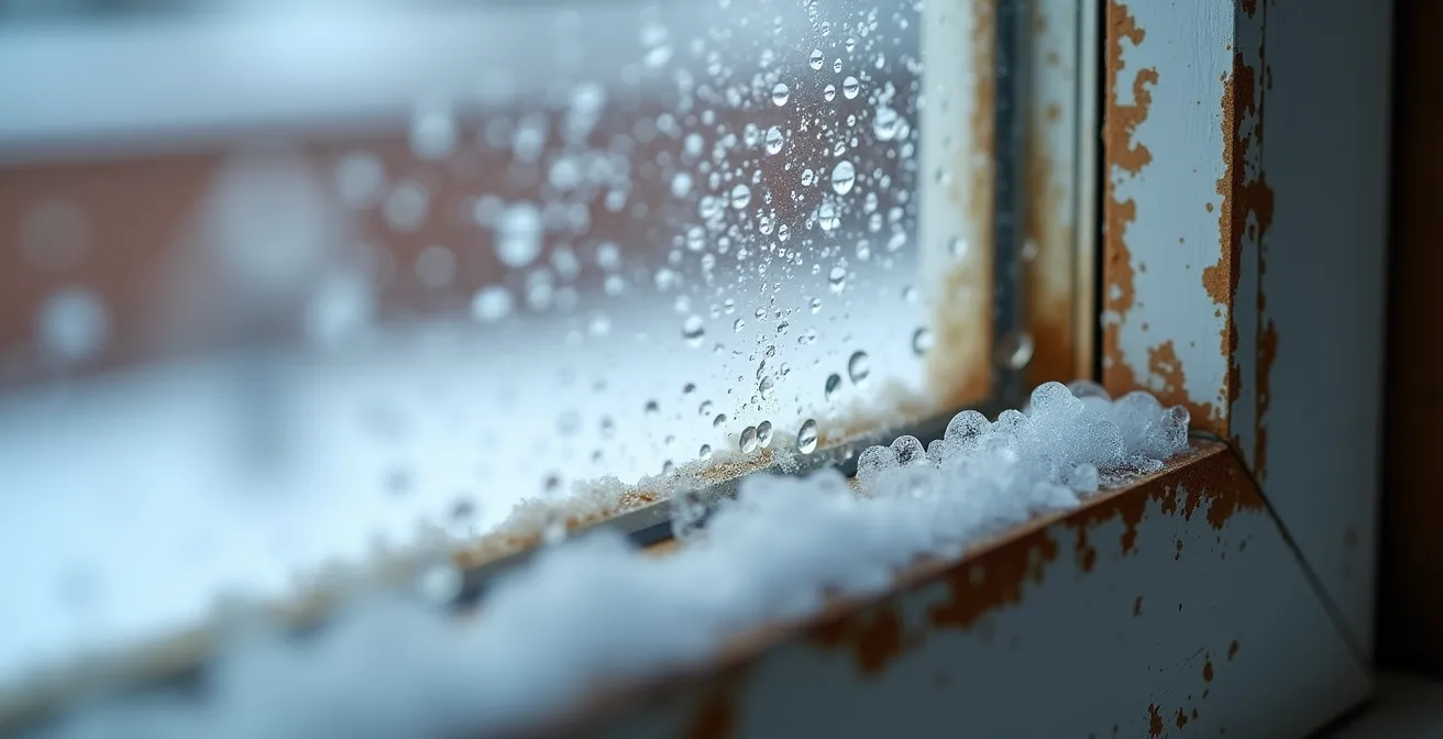Gros plan sur de la condensation et des traces de moisissure au coin d'une fenêtre neuve