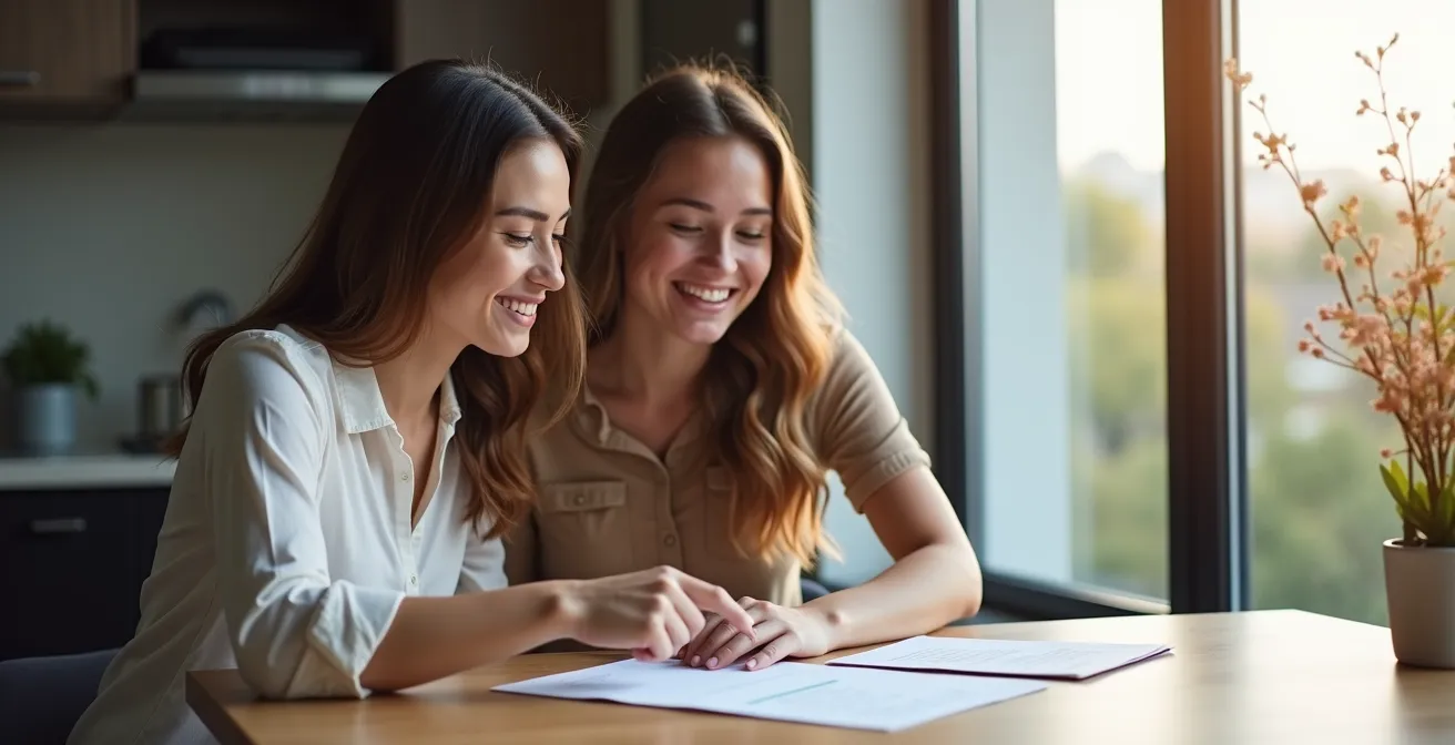 Couple consultant des documents énergétiques sur une table de salon éclairée naturellement