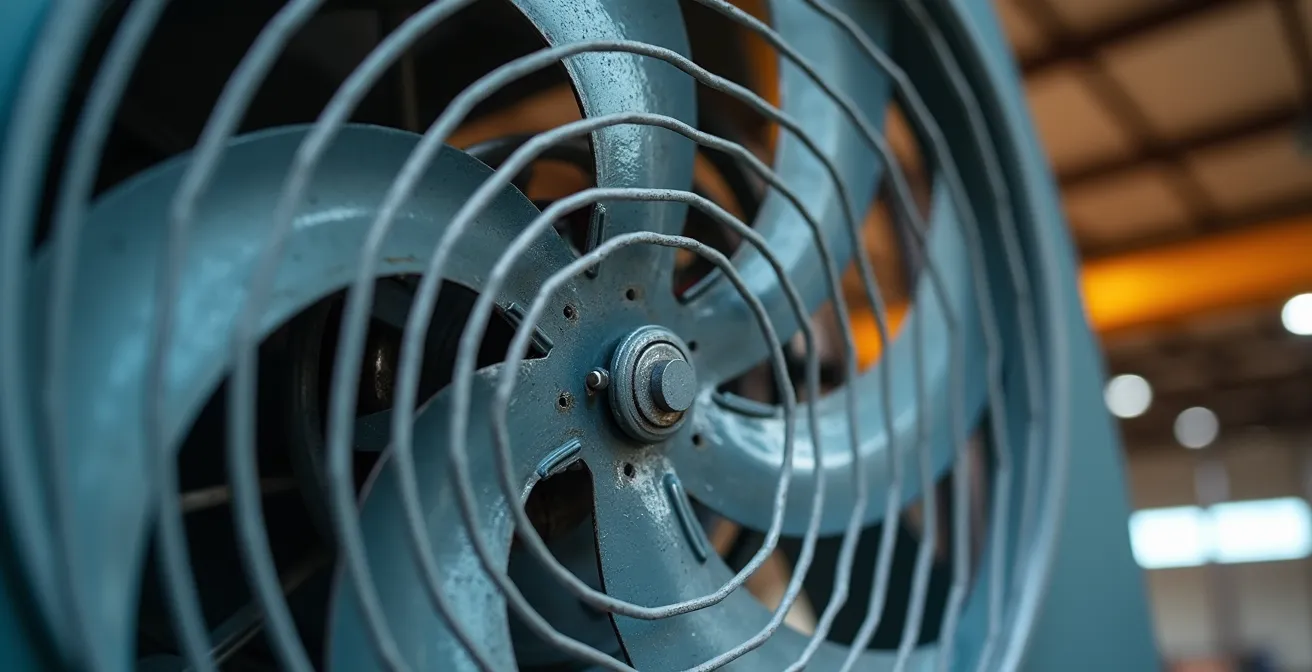 Vue en plongée d'un déstratificateur industriel redistribuant la chaleur accumulée au plafond vers le niveau du sol