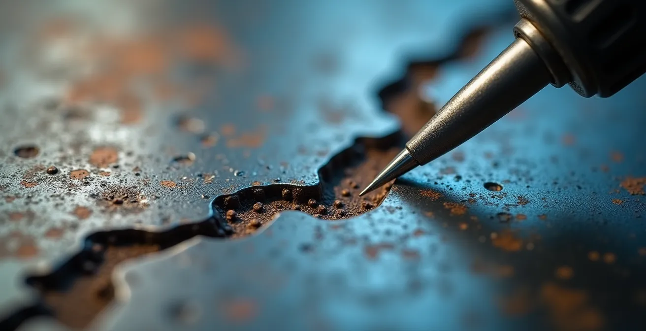 Gros plan sur sonde d'analyseur détectant une microfuite de CO invisible sur échangeur de chaleur