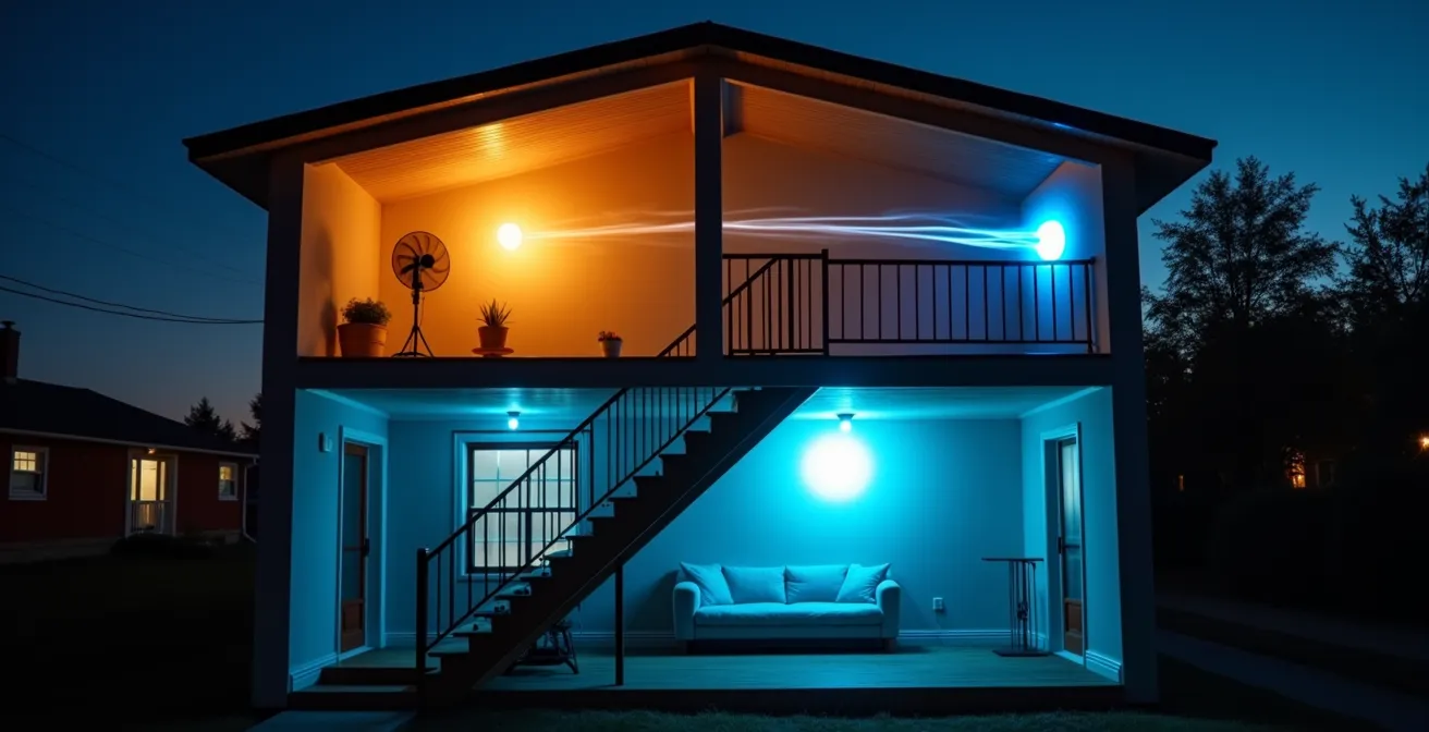 Coupe transversale d'un duplex montréalais montrant la circulation d'air par effet cheminée