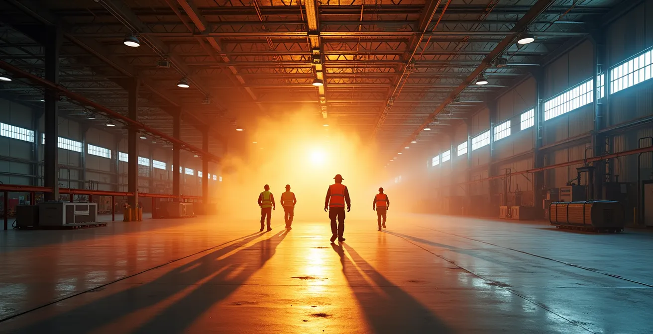Intérieur d'entrepôt industriel montréalais avec système de chauffage radiant et ventilateurs de déstratification