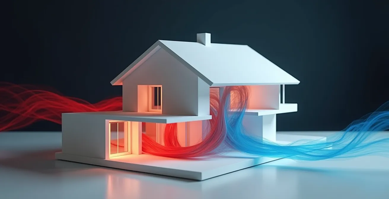 Schéma conceptuel montrant les flux d'air dans une maison avec système de ventilation équilibré