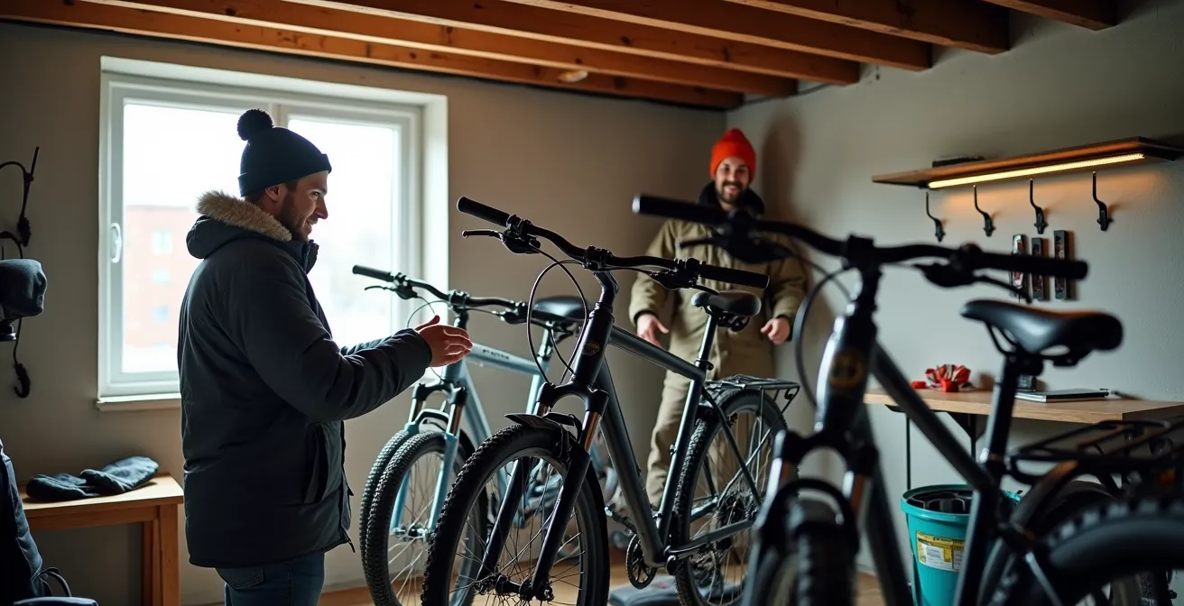 Espace de rangement moderne pour vélos aménagé dans l'ancien emplacement d'un réservoir de mazout