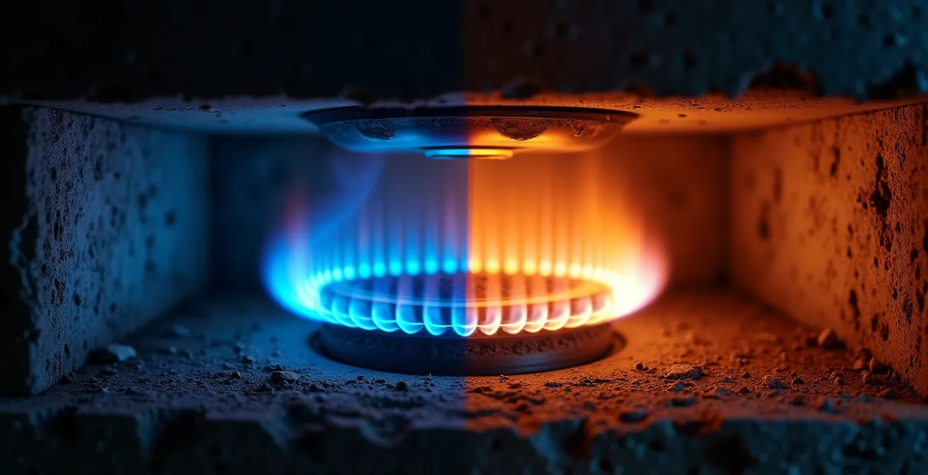 Comparaison entre observation visuelle d'une flamme bleue et lecture d'analyseur de combustion montrant des inefficacités cachées