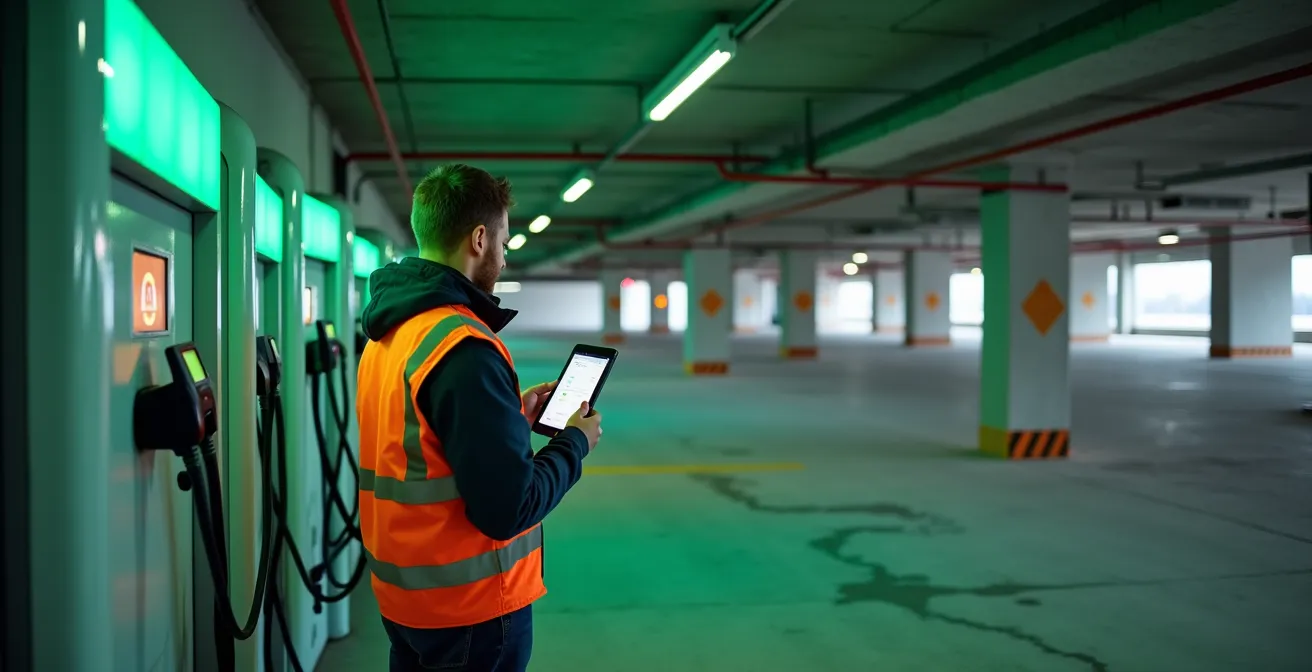 Stationnement souterrain moderne avec système de gestion intelligente des bornes de recharge