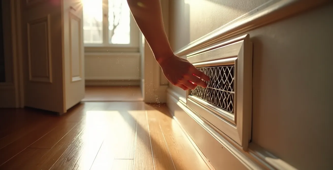 Grille de reprise d'air installée au bas d'un mur avec espace de transfert sous une porte