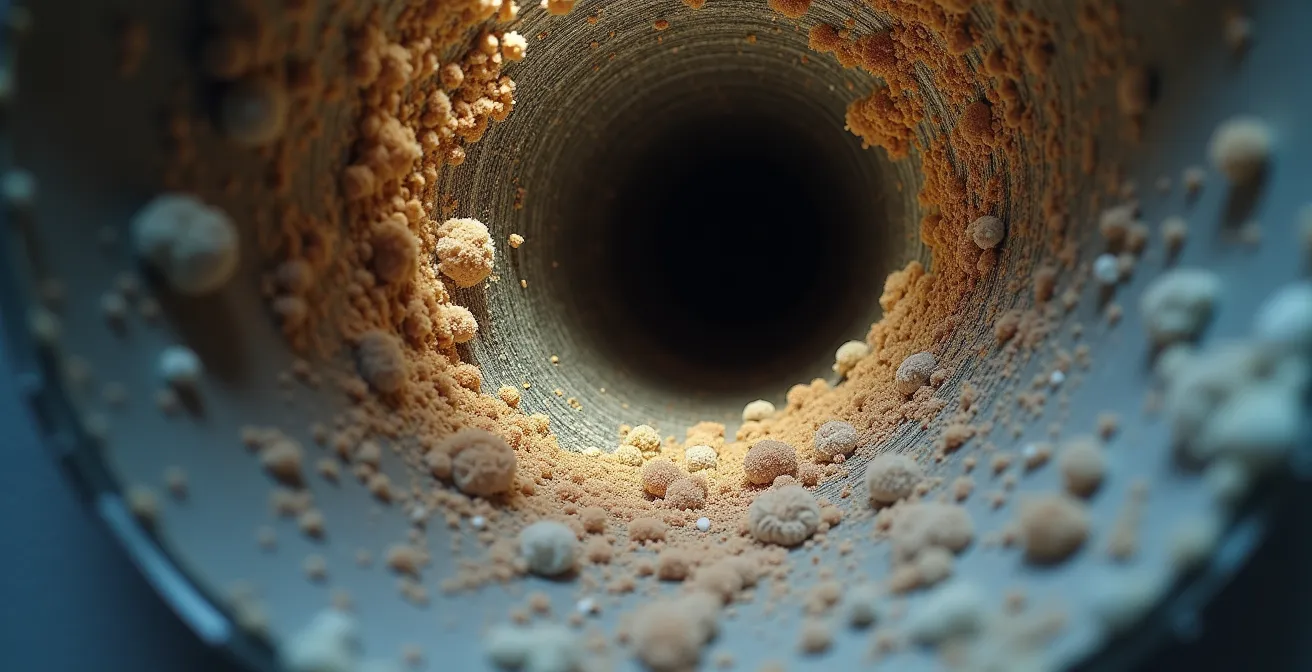 Vue macro détaillée de l'intérieur d'un conduit de ventilation montrant accumulation de poussière et allergènes