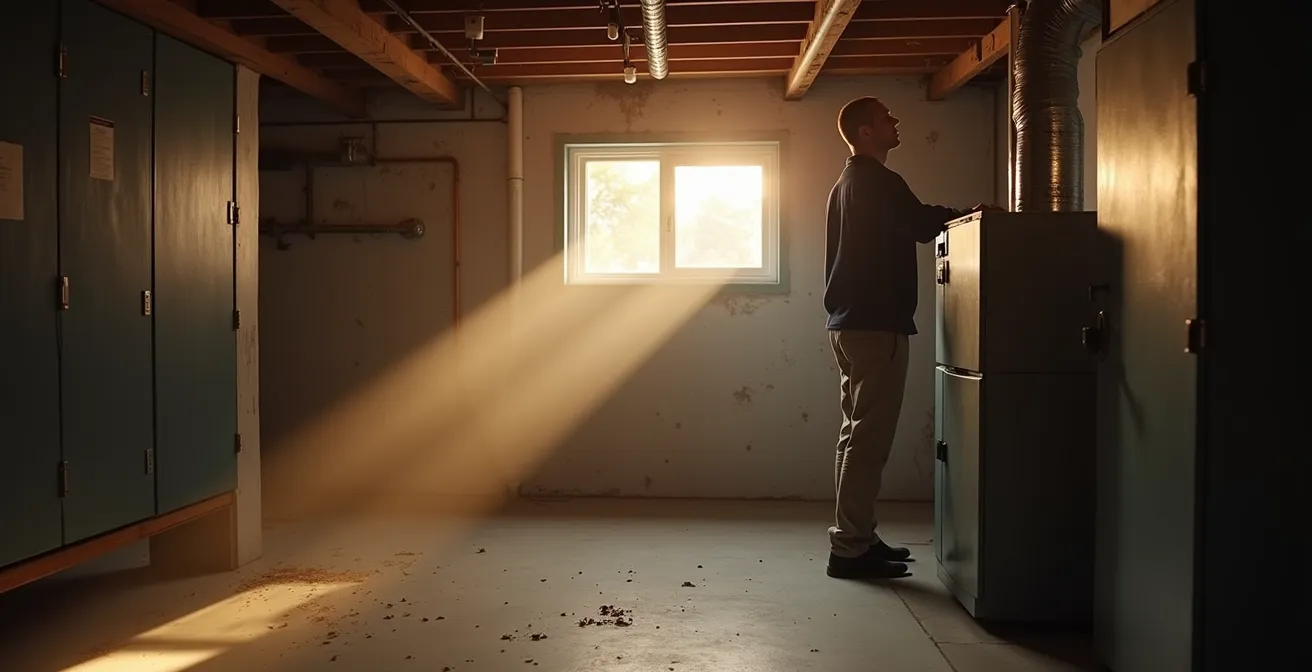Vue d'ensemble d'un technicien inspectant une fournaise dans un sous-sol avec lumière automnale