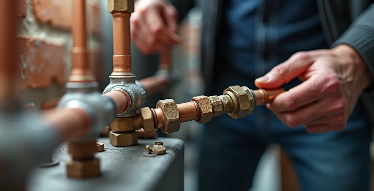 Technicien installant une thermopompe murale dans un duplex typique du Plateau Mont-Royal en hiver