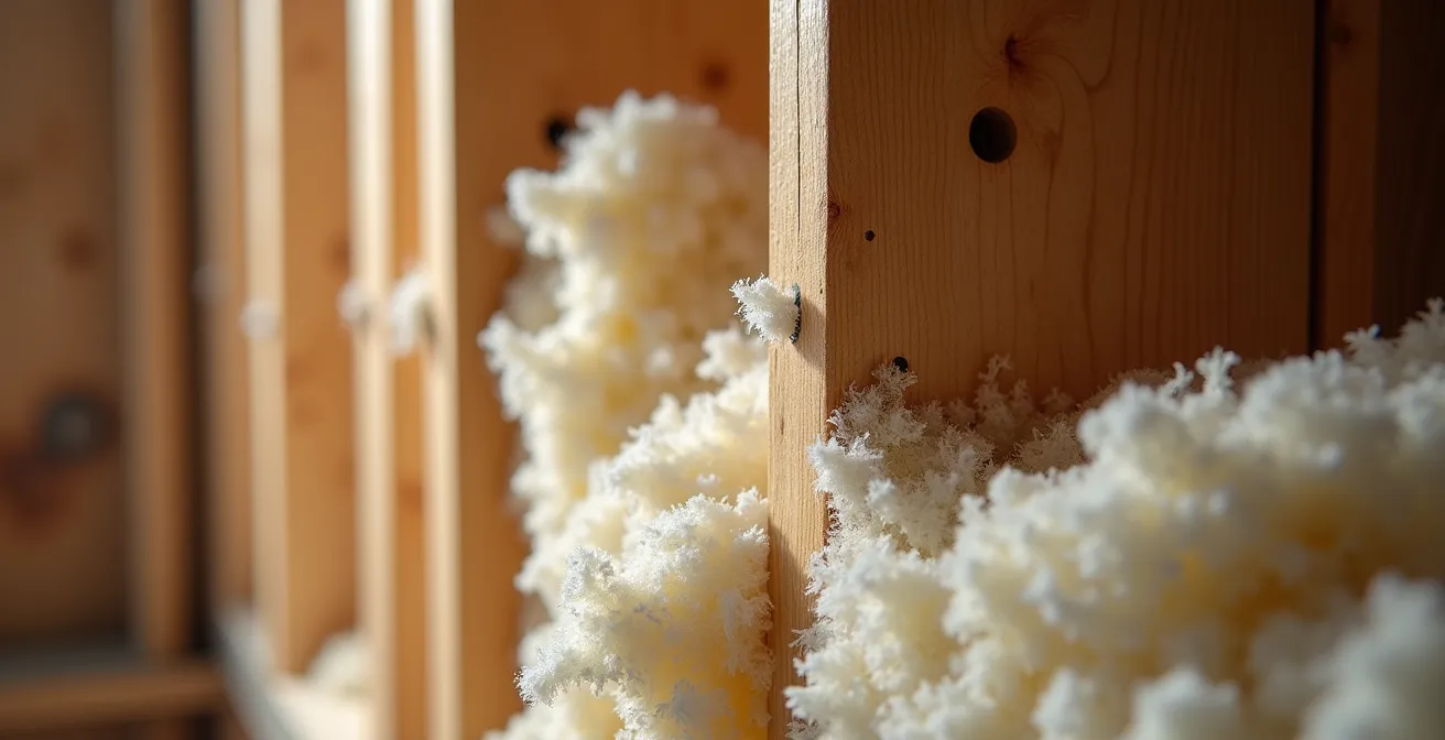 Technicien effectuant l'isolation par injection de cellulose dans un mur existant