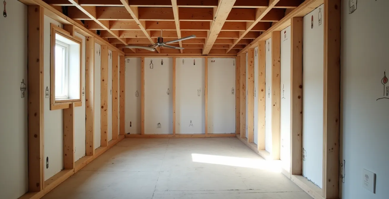 Vue en coupe d'une solive de rive isolée avec mousse rigide dans un sous-sol montréalais