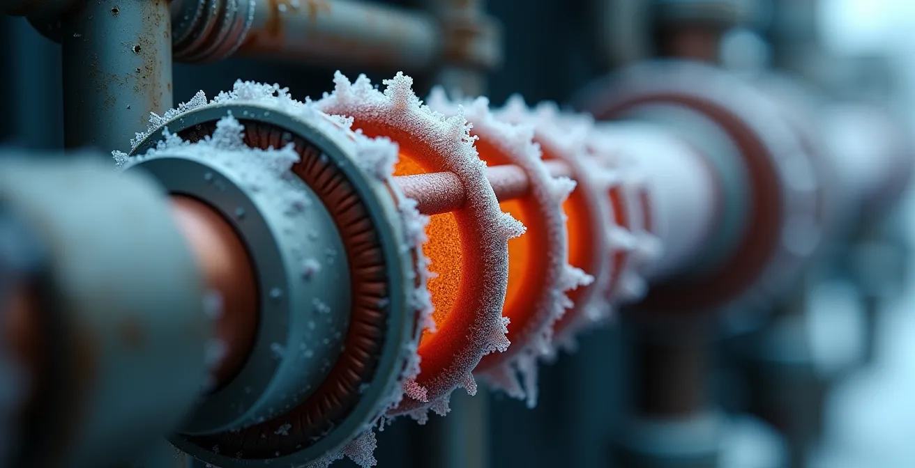 Vue macro détaillée d'un compresseur de refroidisseur avec chauffe-carter et isolation thermique visible