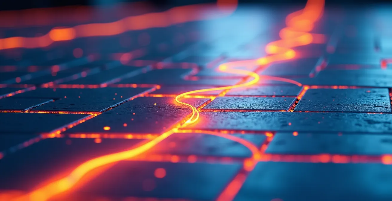 Image d'une caméra thermique montrant le tracé des câbles chauffants sous un plancher de céramique, avec des lignes chaudes orange et rouges sur un fond bleu froid.