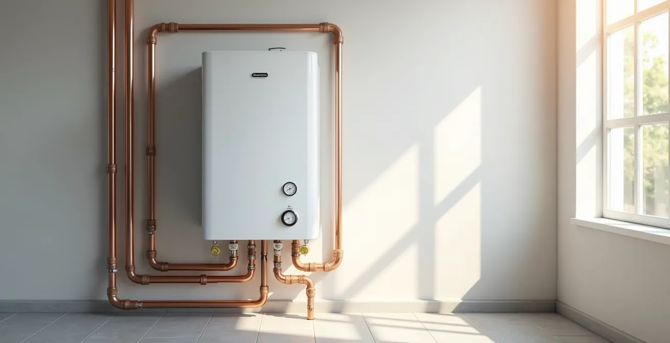 Vue d'ensemble d'une chaudière moderne avec focus sur la valve de remplissage et le manomètre