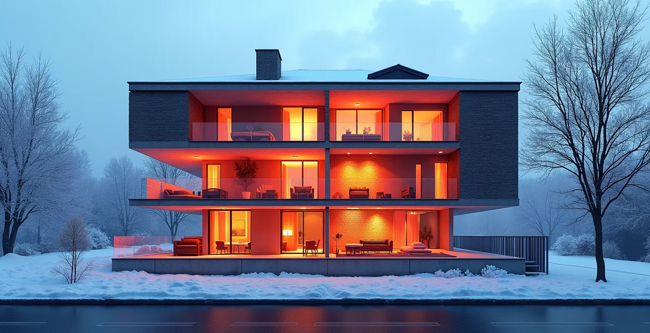 Coupe transversale d'un triplex montréalais montrant la répartition de la chaleur et l'inertie thermique des matériaux