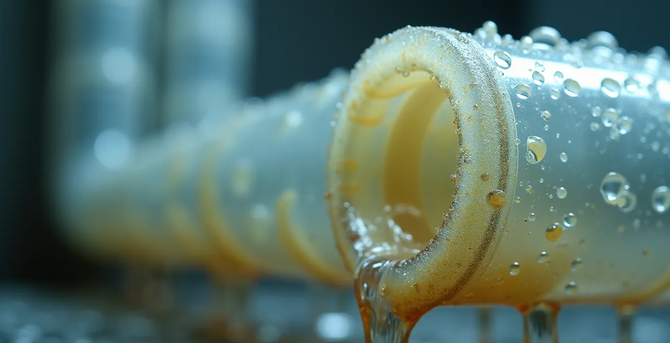 Vue macro du tuyau de drainage d'un climatiseur avec formation de biofilm visible