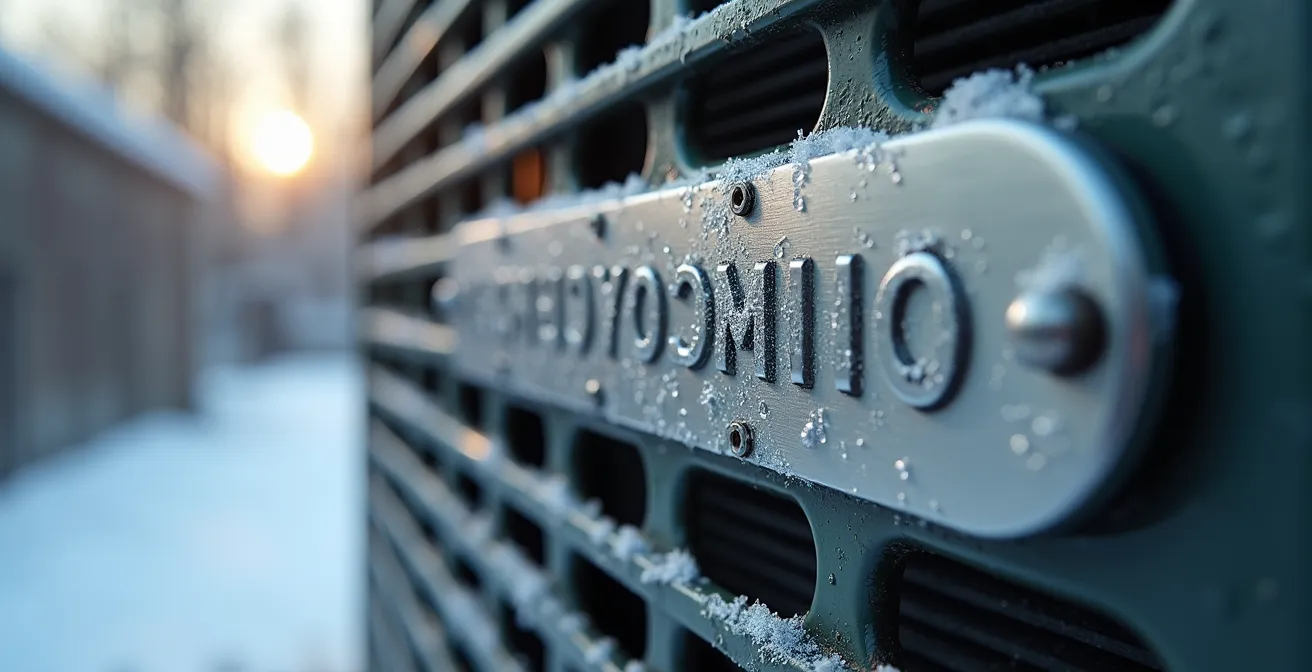 Gros plan sur l'étiquette d'identification d'une unité extérieure de thermopompe avec numéros visibles