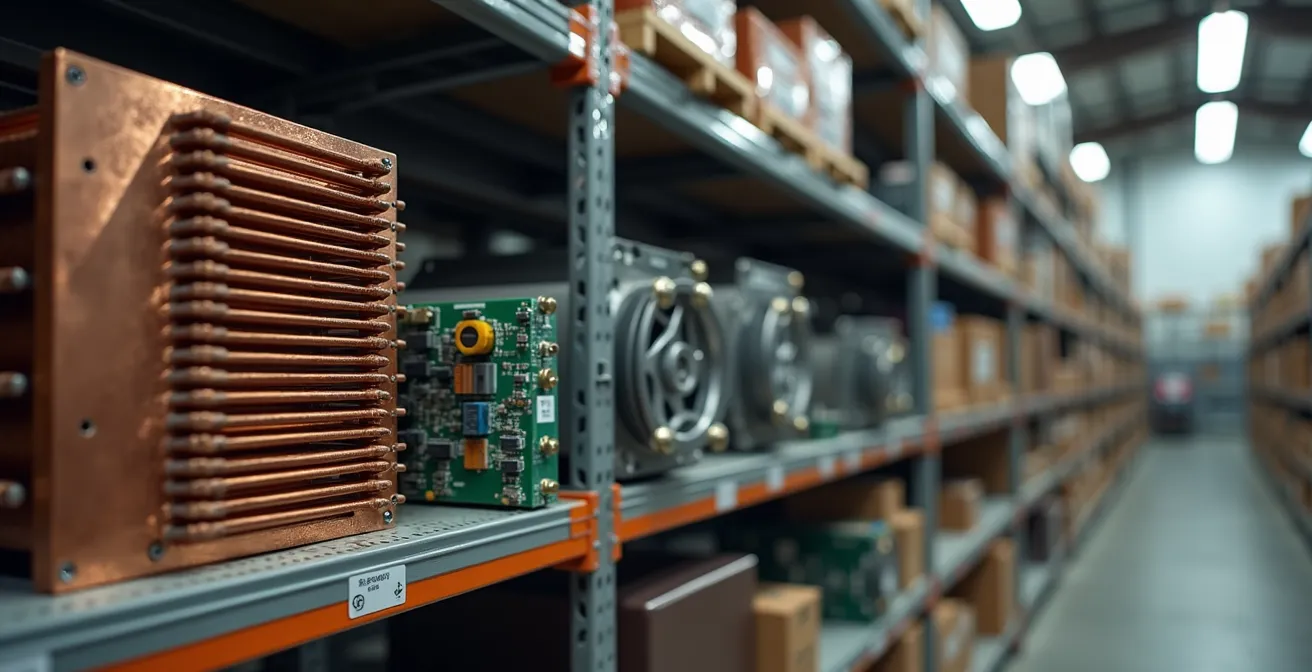 Vue macro de pièces de rechange pour fournaise dans un entrepôt