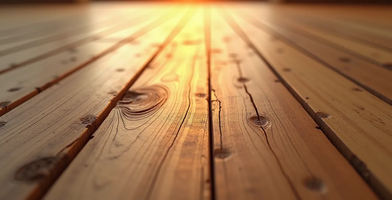 Plancher de bois franc déformé par l'humidité estivale montrant l'effet de gondolement