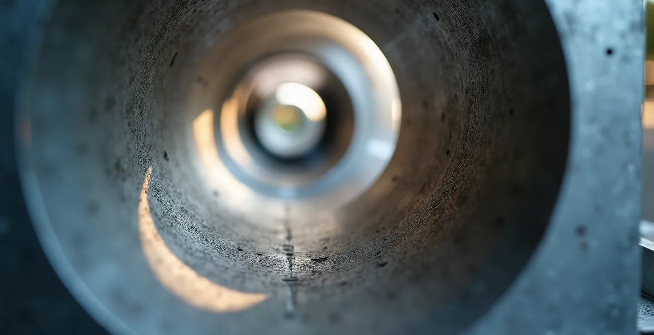 Vue rapprochée d'un plenum de fournaise avec transition progressive montrant les déflecteurs internes