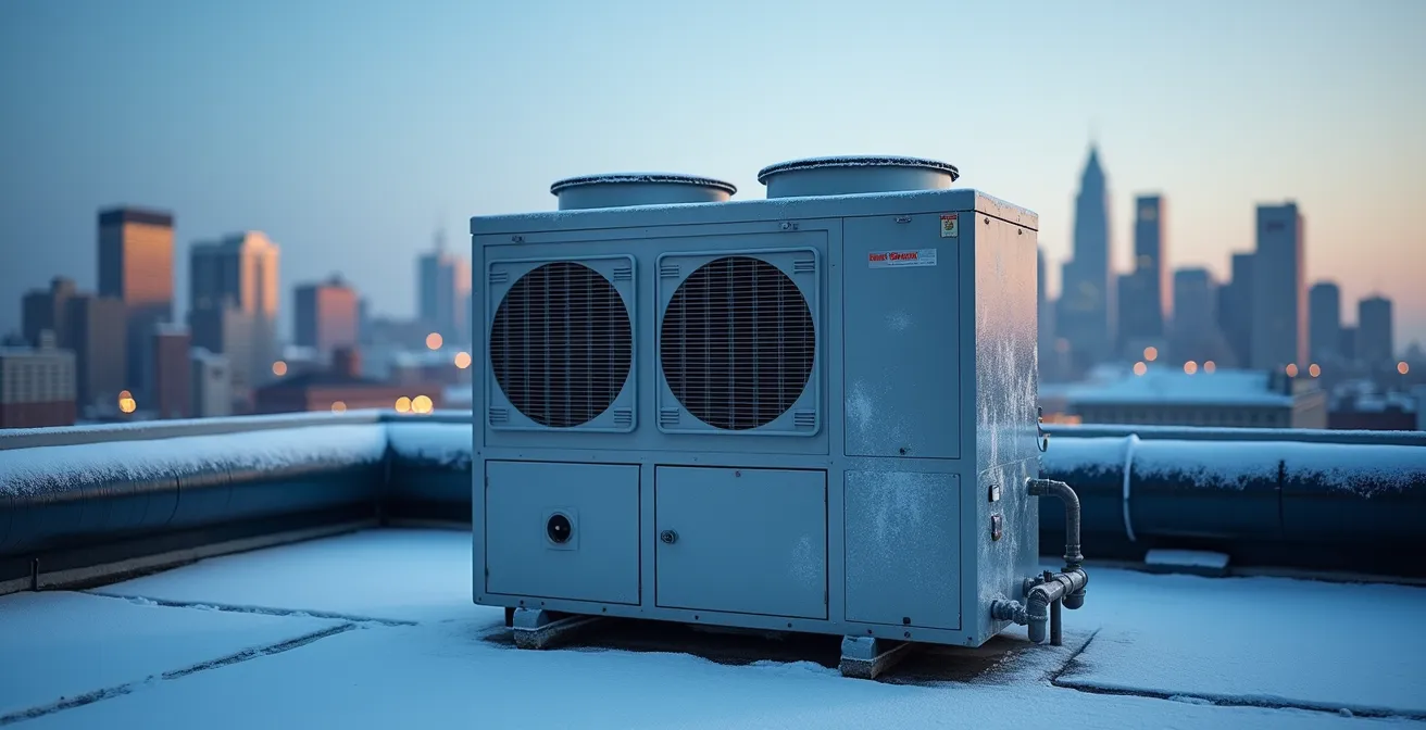 Refroidisseur industriel extérieur recouvert de givre avec tuyauterie isolée sur un toit d'immeuble à Montréal en hiver