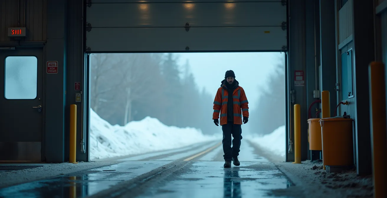 Porte de chargement d'entrepôt avec rideau d'air invisible créant une barrière thermique contre le froid hivernal