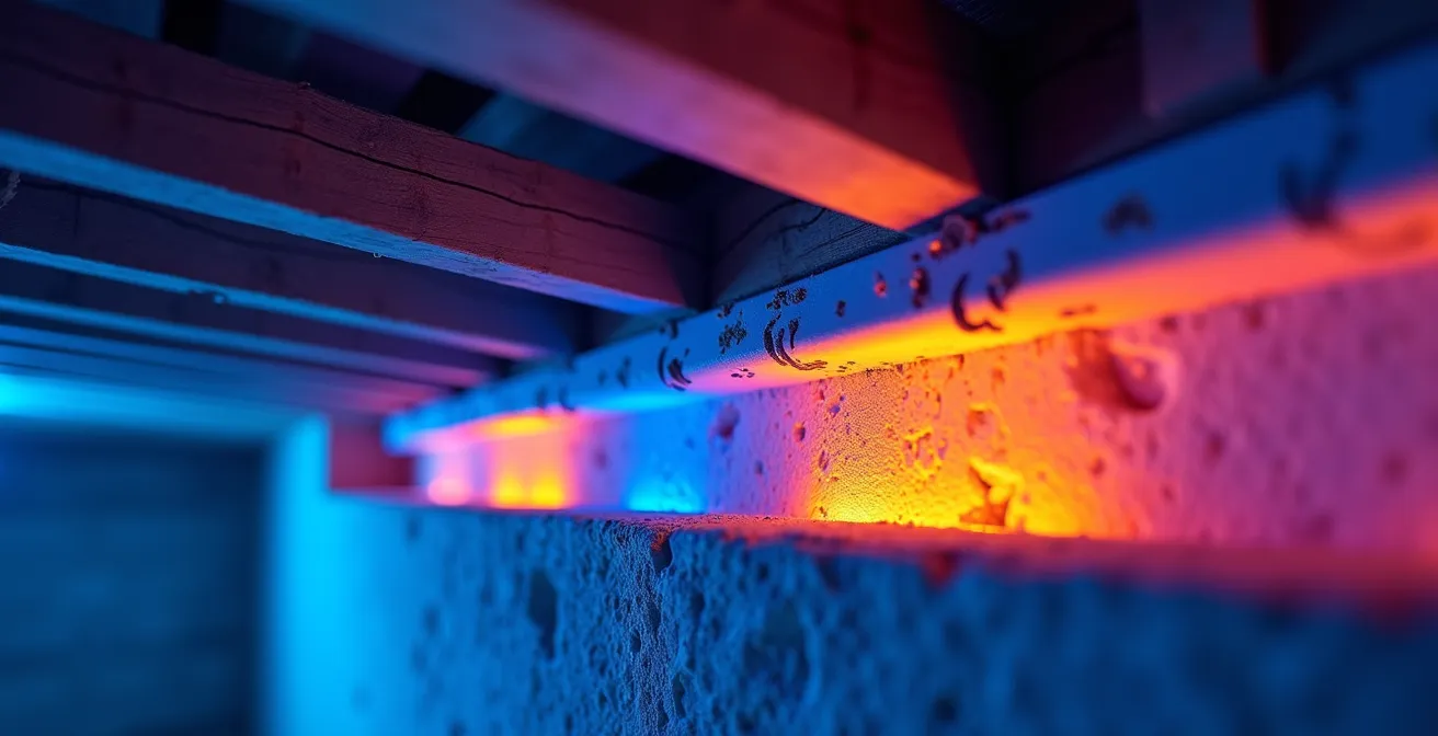 Vue thermographique montrant les ponts thermiques au niveau de la solive de rive non isolée