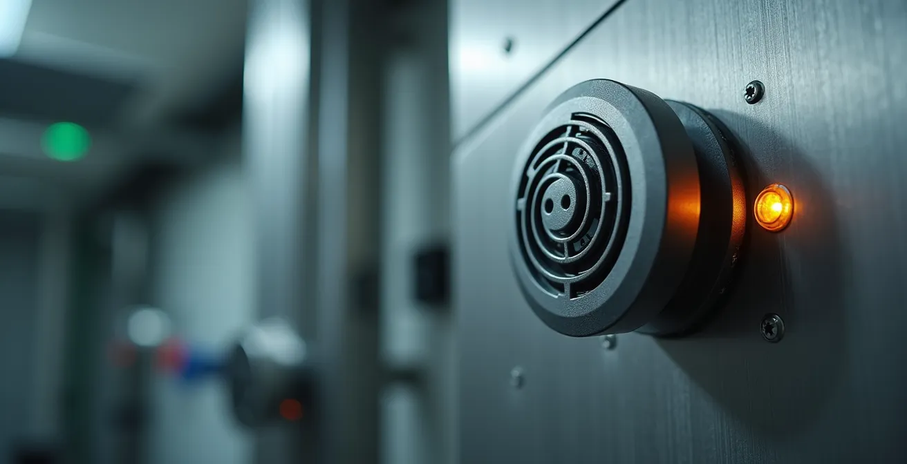 Gros plan sur une sonde de CO2 moderne installée dans un système de ventilation commercial