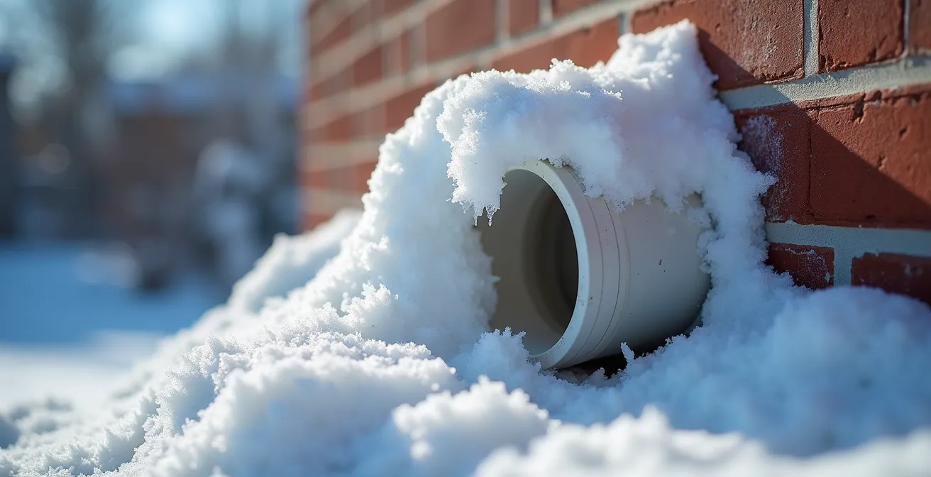 Sortie murale de fournaise au gaz partiellement obstruée par la neige après une tempête québécoise