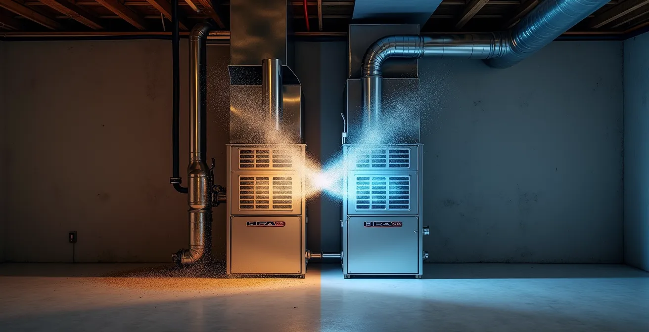 Vue technique d'un système HEPA en dérivation installé parallèlement à une fournaise résidentielle