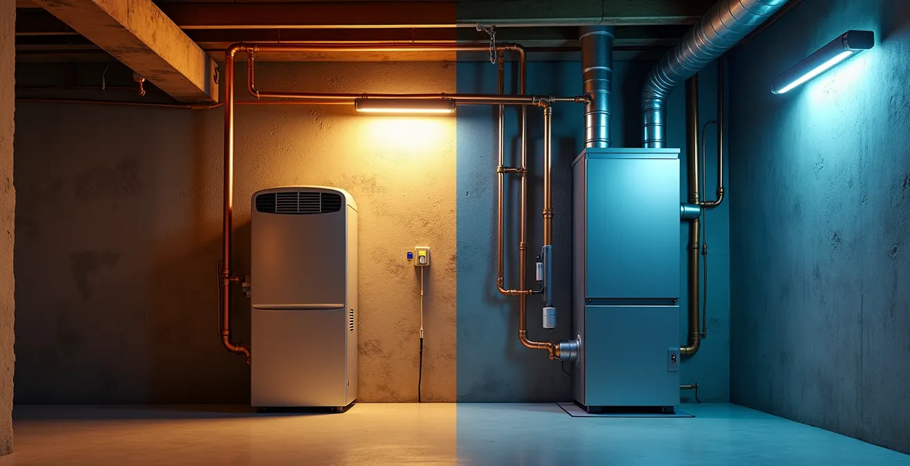 Vue d'ensemble d'un système de chauffage intégré dans un sous-sol québécois