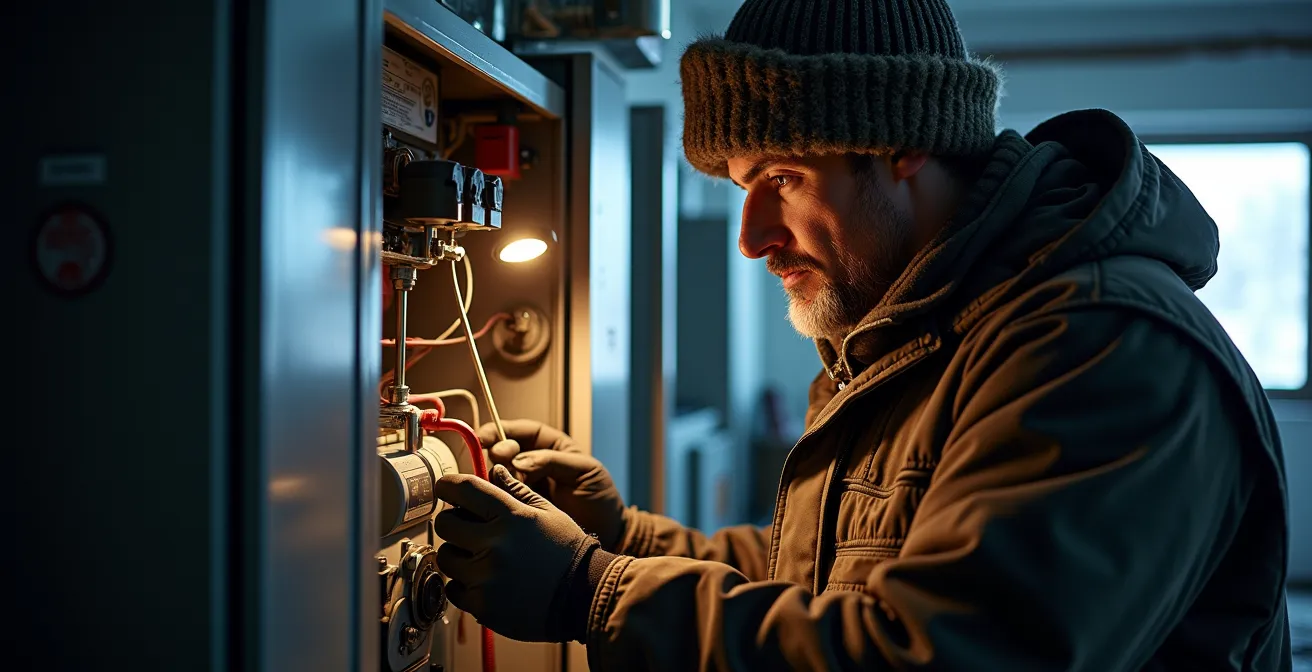 Technicien en chauffage travaillant sur une fournaise pendant une tempête de neige à Montréal