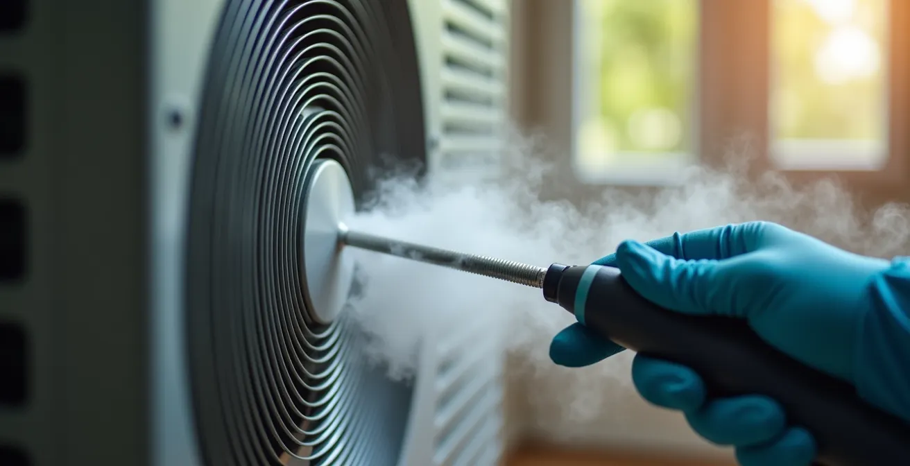 Système de nettoyage à vapeur haute température en action sur un climatiseur mural