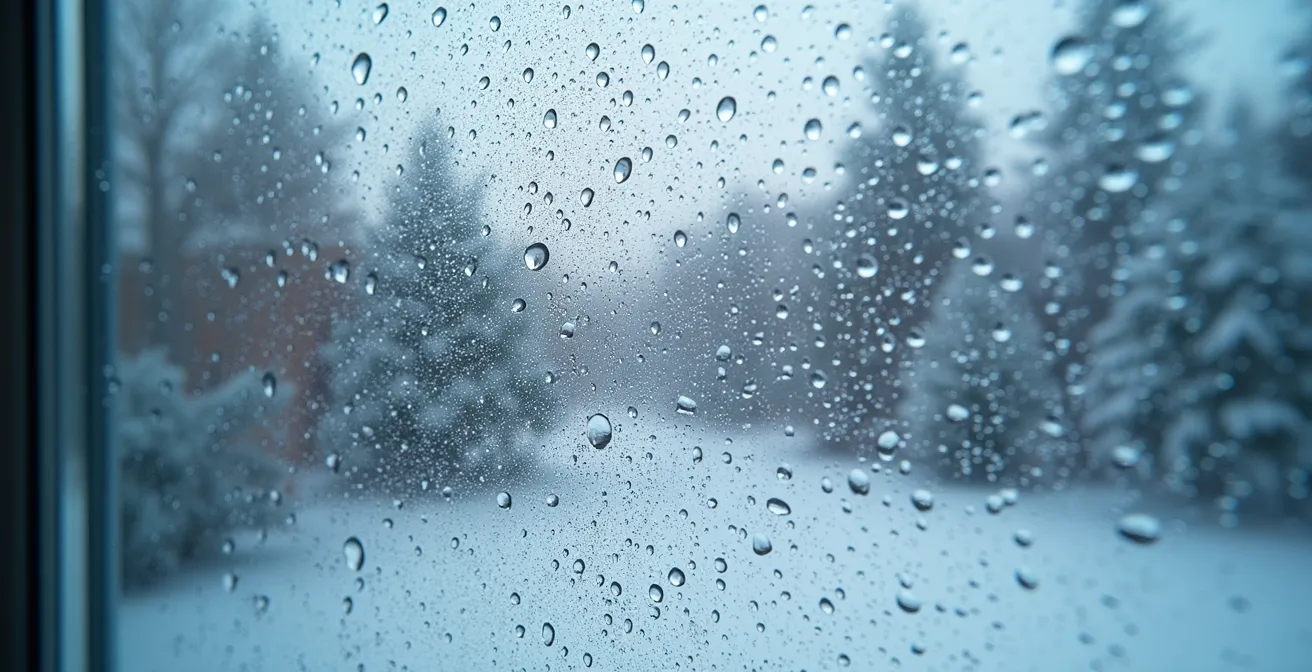 Gros plan sur condensation de fenêtre thermos en hiver montréalais