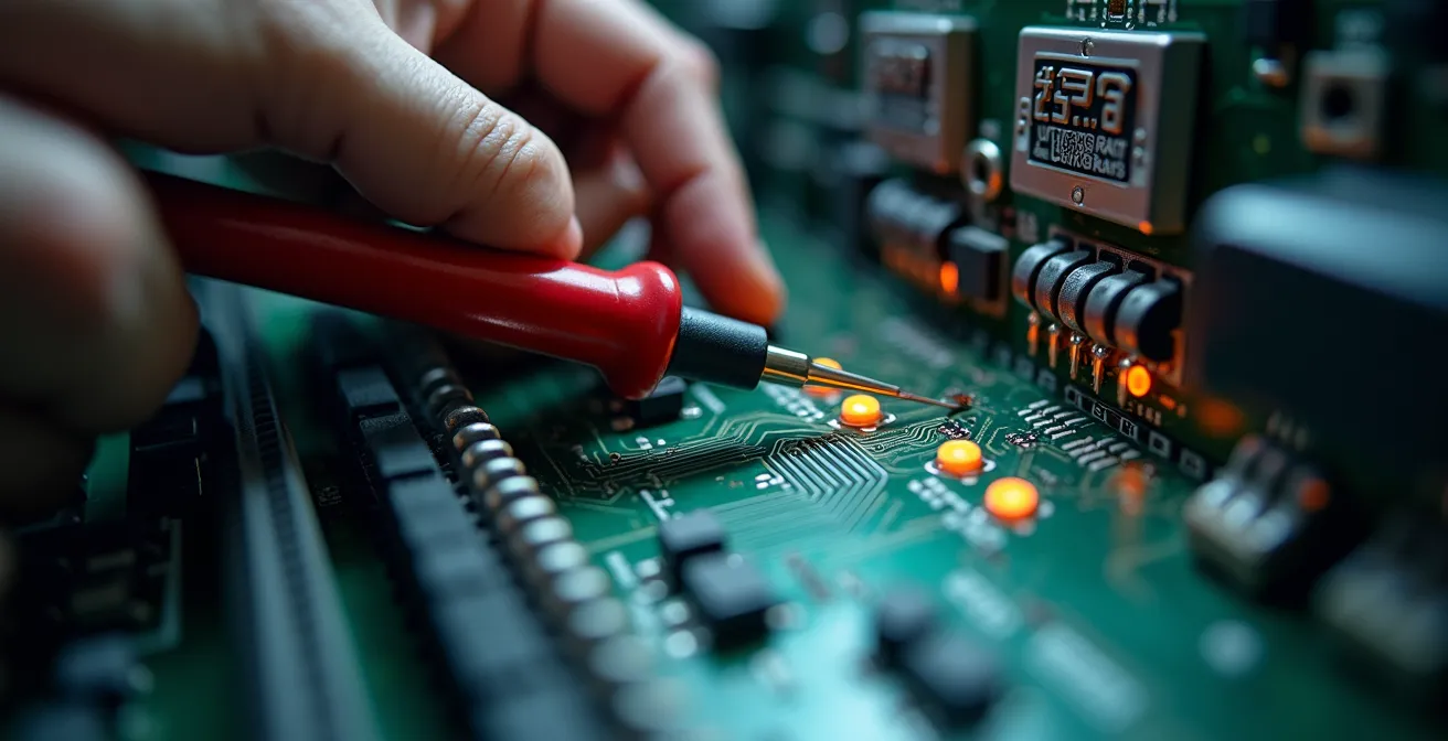 Gros plan sur les mains d'un technicien utilisant un multimètre sur un panneau de contrôle de fournaise