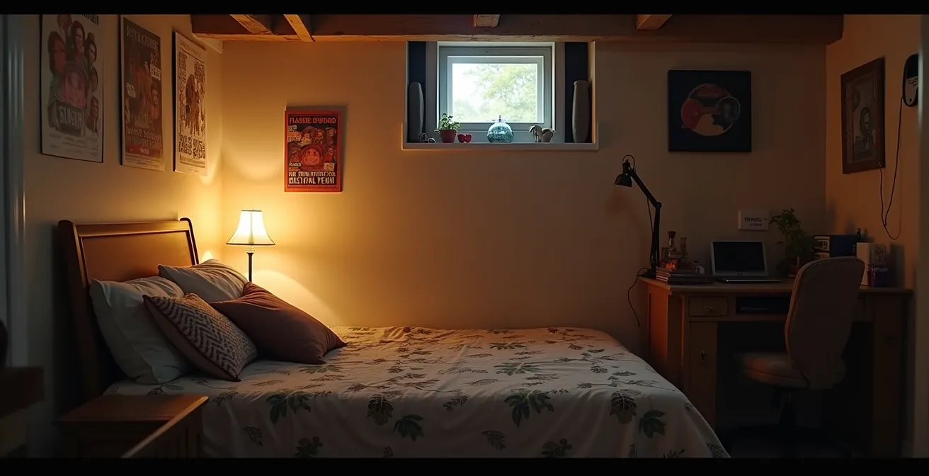 Sous-sol aménagé typique de Montréal avec détecteur de radon discret