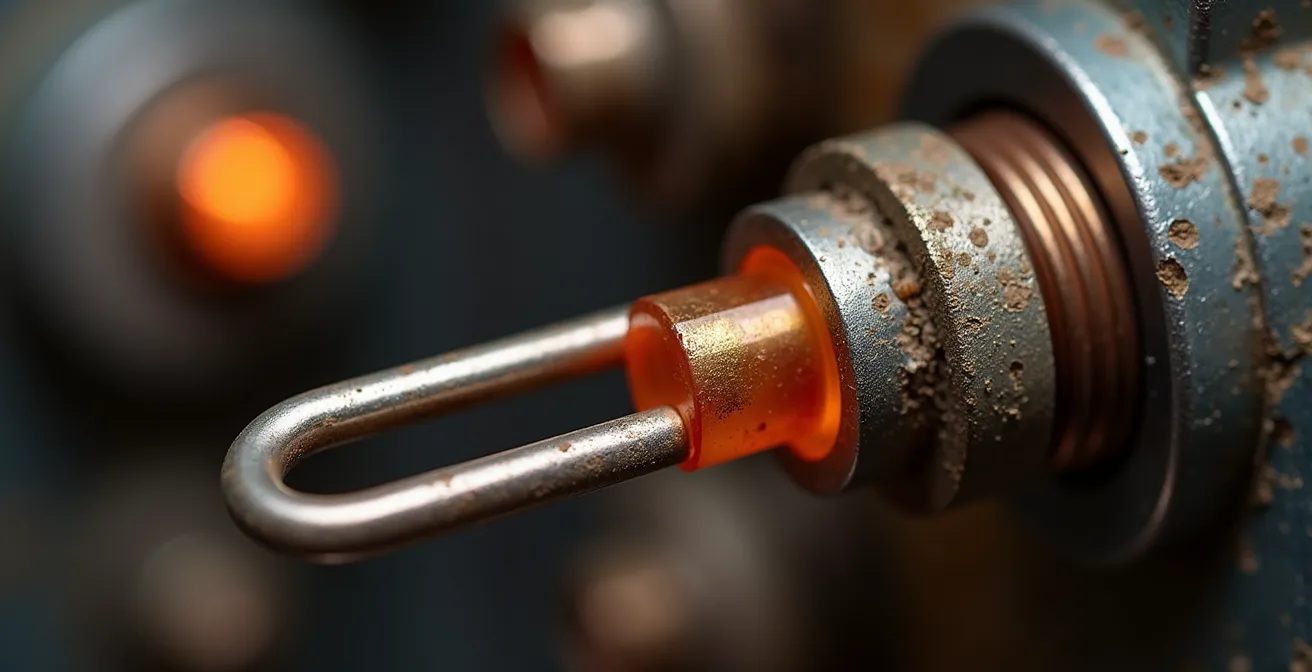 Vue macro d'un thermocouple de veilleuse montrant des signes d'usure