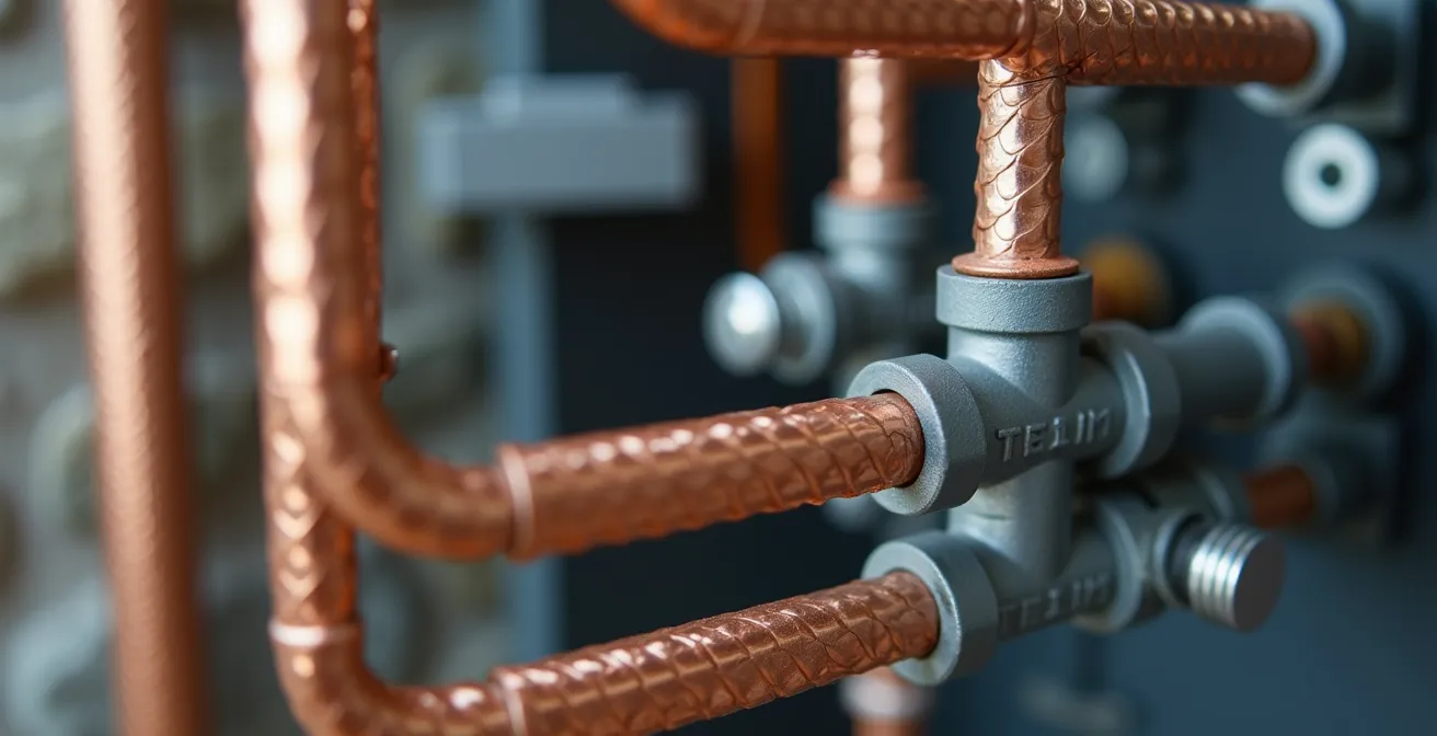 Gros plan sur une thermopompe centrale moderne installée dans un sous-sol typique de Montréal avec panneau électrique 200A visible