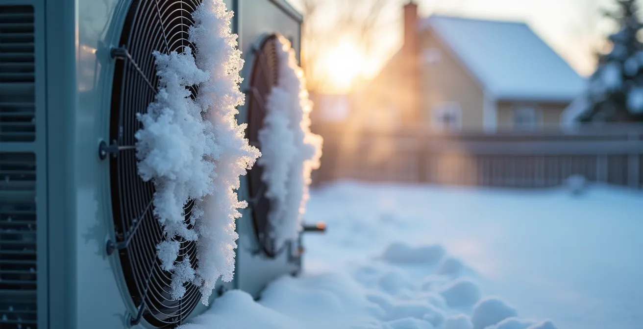 Comparaison visuelle entre une thermopompe standard prise dans la glace et une thermopompe basse température fonctionnelle