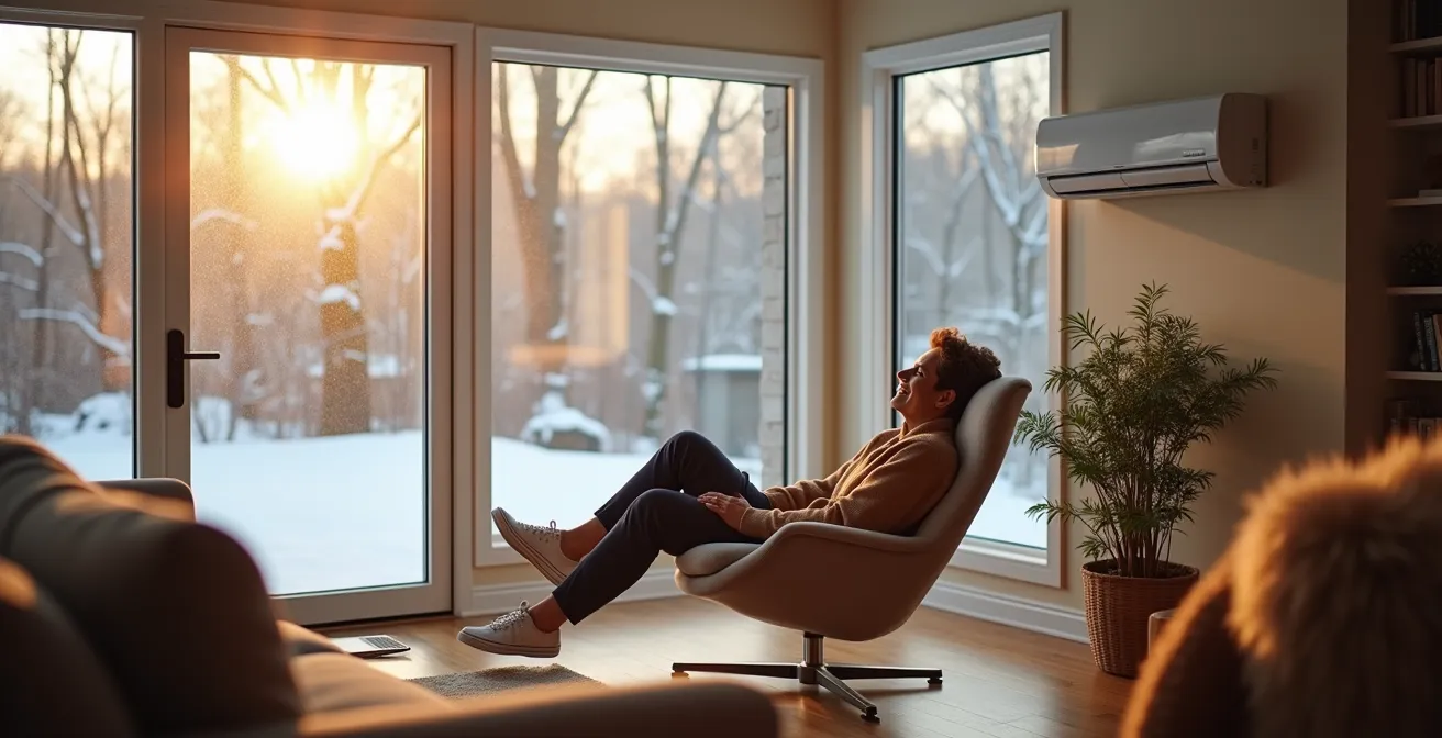 Installation d'une thermopompe murale moderne dans un solarium quatre saisons avec vue sur jardin enneigé